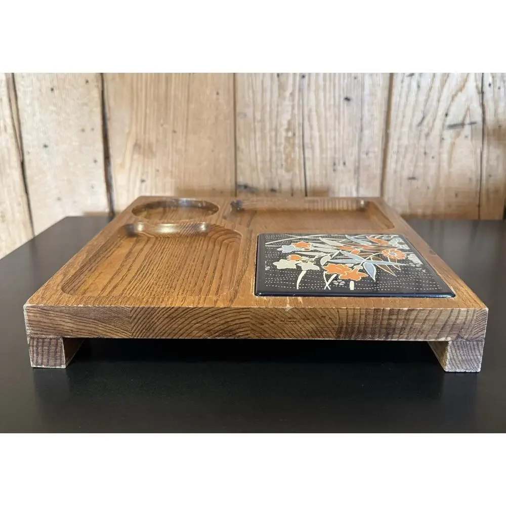 Vintage MCM Wooden Snack Serving Tray w/ Ceramic Tile Trivet 10x10